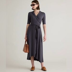 NWT Quince Carbon Gray Wrap Jersey Midi Dress with Tie Front and V-Neck size XS
